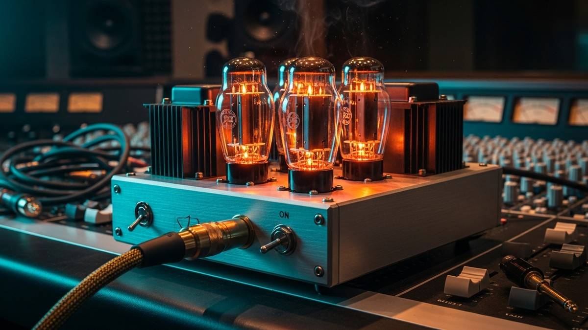 Cinematic close-up of a custom, high-end audio hardware unit glowing with intense amber light, featuring vacuum tubes and heavy industrial cabling in a darkened recording studio setting. (16:9)