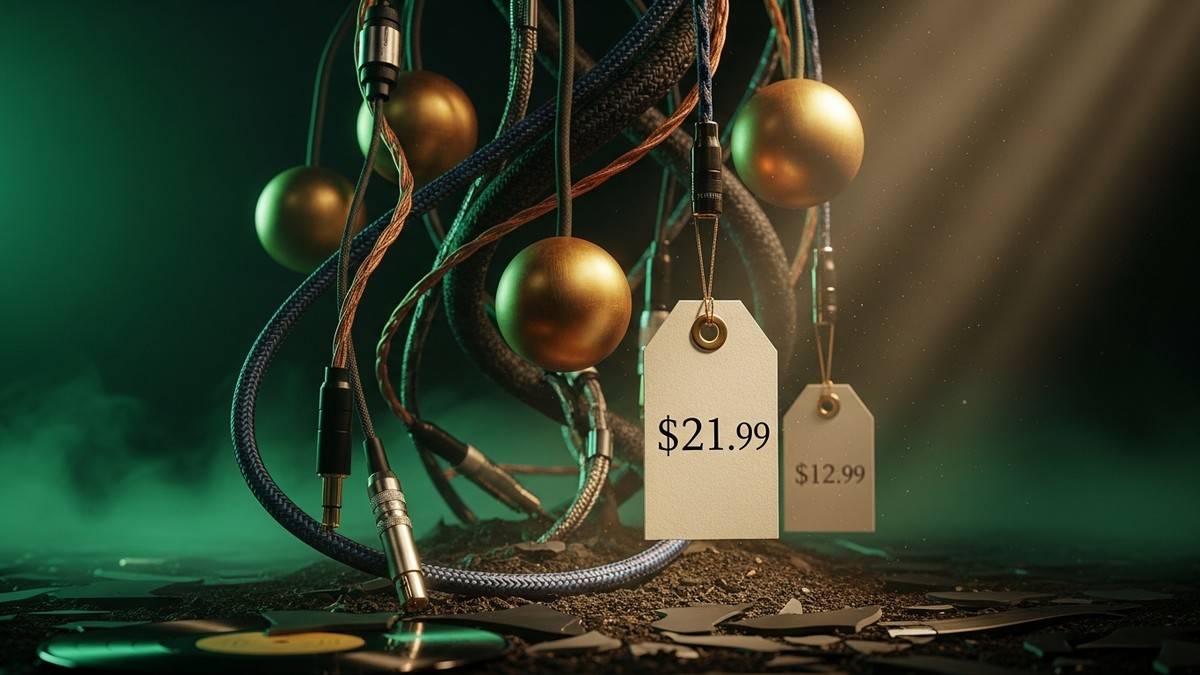 Conceptual editorial photo of audio cables growing like vines, bearing heavy golden fruit and a price tag reading $21.99, symbolizing Spotify's price hike. (16:9)