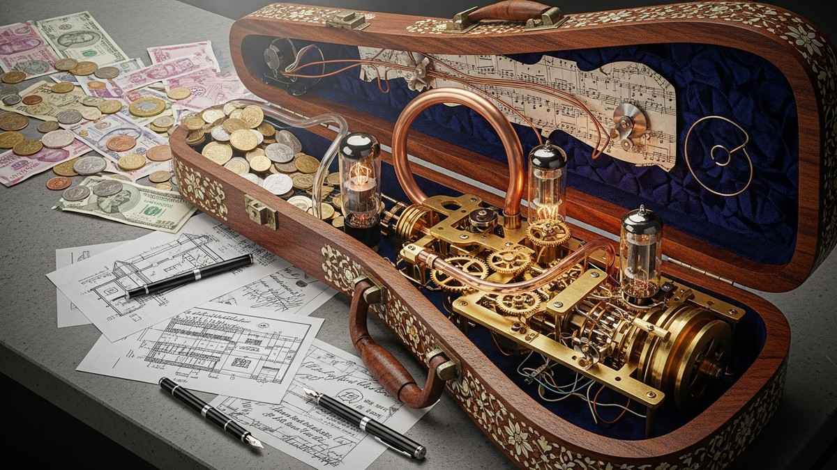A vintage Indian Sitar case lying open on a desk, revealing a complex internal machine of gold gears and pipes turning sheet music into flowing currency. (16:9)