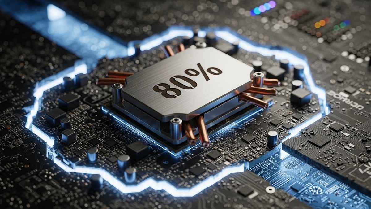 Macro photograph of a severed computer circuit board resembling a landscape, with a glowing isolated section labeled 80% separated by a deep trench from the surrounding dark hardware. (16:9)