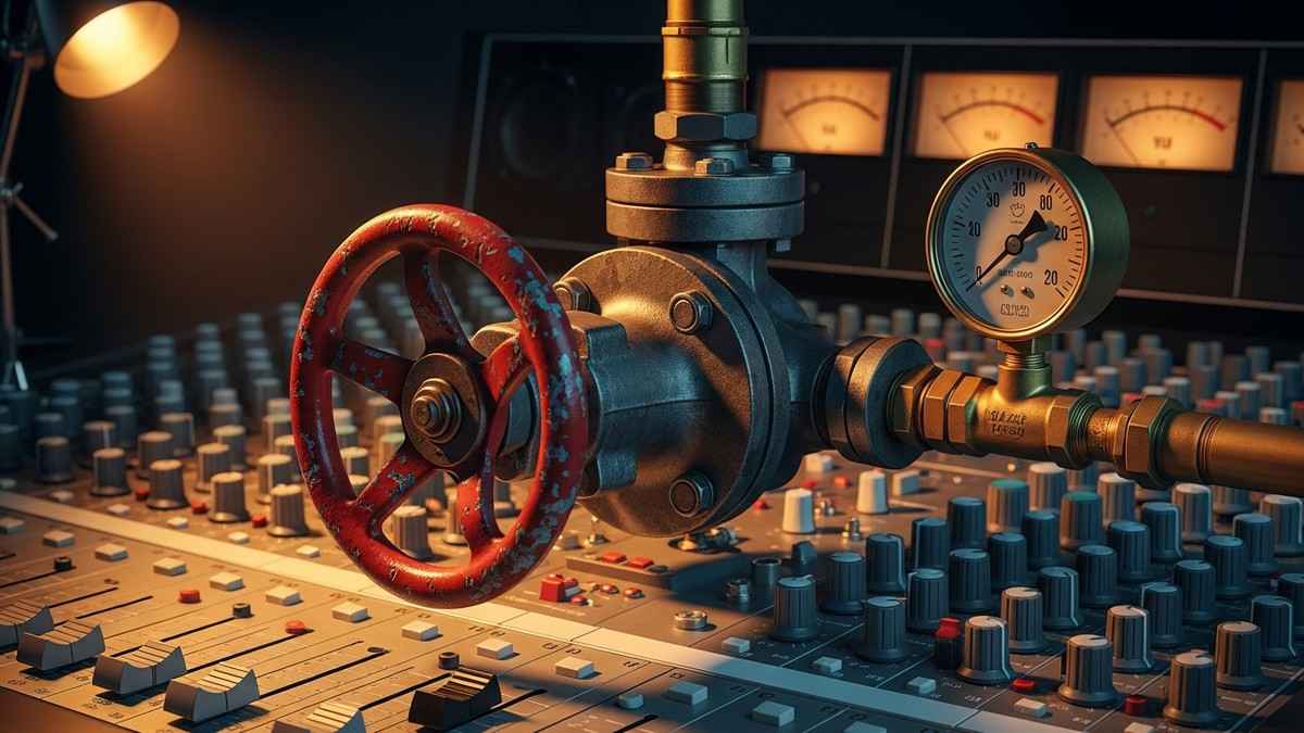 A hyper-realistic close-up of a vintage recording console where the master fader section has been replaced by a heavy industrial red iron valve wheel and brass piping, symbolizing the flow of capital into music. (16:9)