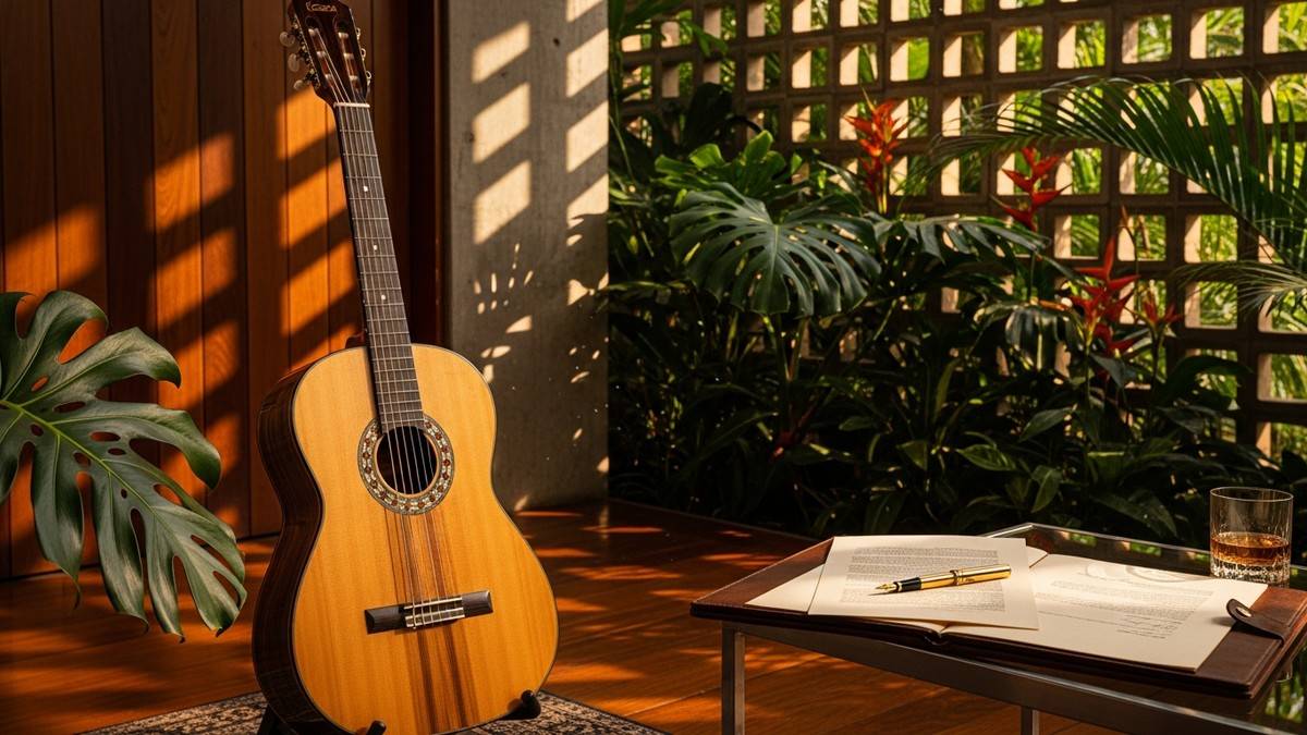 A vintage nylon-string guitar resting in a sunlit Brazilian modernist room with cobogó brick shadows, tropical plants, and a leather business portfolio. (16:9)