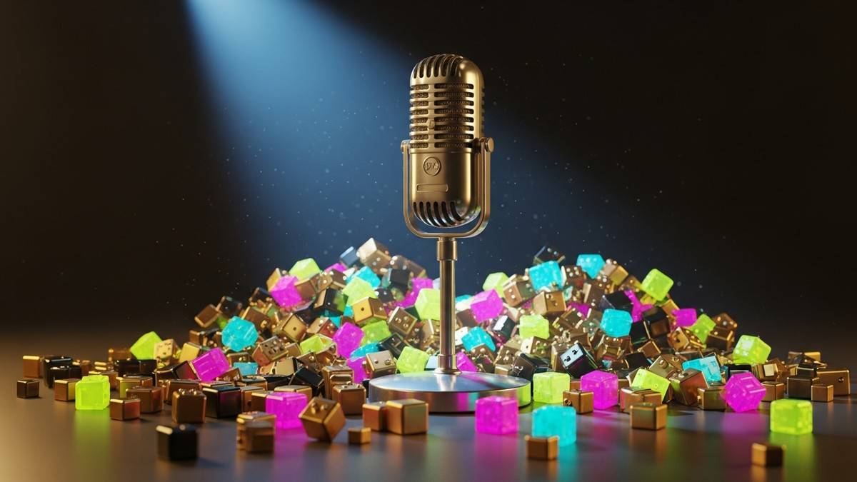 A vintage silver microphone stands on a dark stage, half-buried in a chaotic, glowing mound of thousands of golden and neon 3D voxel cubes. (16:9)