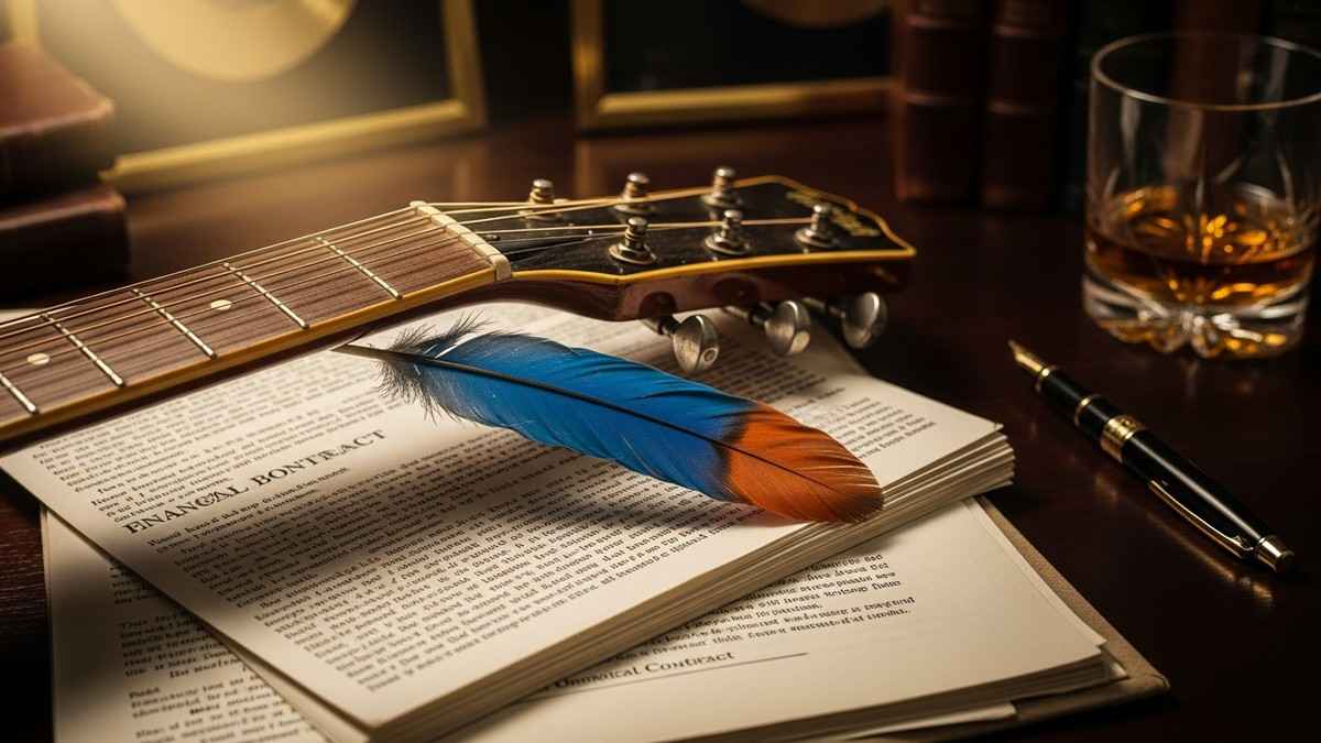 A vintage acoustic guitar headstock rests on a stack of legal contracts on a dark walnut desk, with a bright blue feather marking a page. (16:9)
