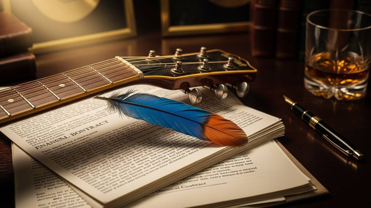 A vintage acoustic guitar headstock rests on a stack of legal contracts on a dark walnut desk, with a bright blue feather marking a page. (16:9)