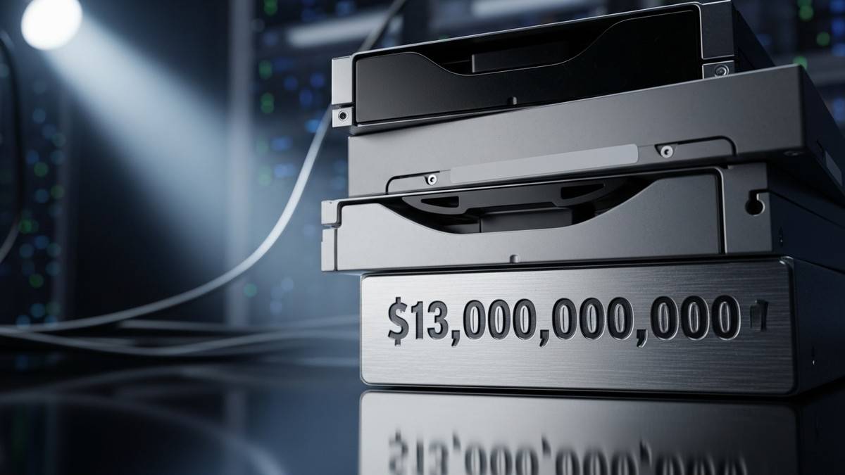 Cinematic macro photograph of an industrial hard drive with '$13 TRILLION' deeply stamped into its brushed aluminum metal casing, surrounded by tangled data cables in a dark server room. (16:9)
