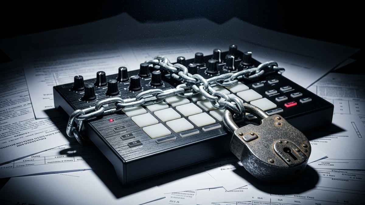 A matte black MIDI drum pad controller tightly wrapped in rusted steel chains and a padlock, resting on a chaotic pile of legal documents and financial papers under harsh dramatic lighting. (16:9)
