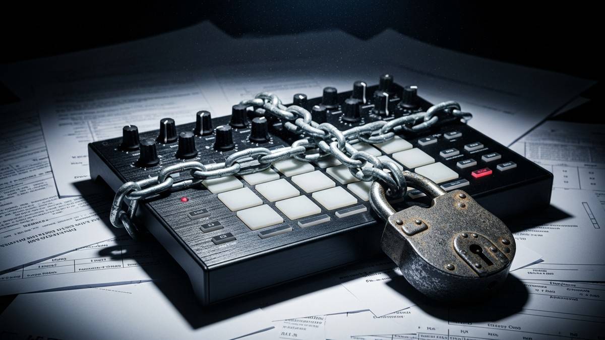 A matte black MIDI drum pad controller tightly wrapped in rusted steel chains and a padlock, resting on a chaotic pile of legal documents and financial papers under harsh dramatic lighting. (16:9)