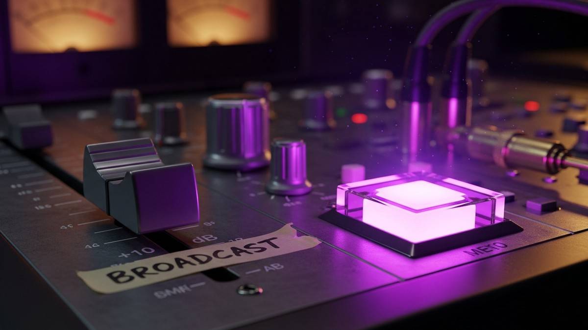 Cinematic macro photograph of a vintage audio mixing console fader labeled 'LIVE' pushed to the max, illuminated by dramatic electric purple lighting in a dark studio. (16:9)