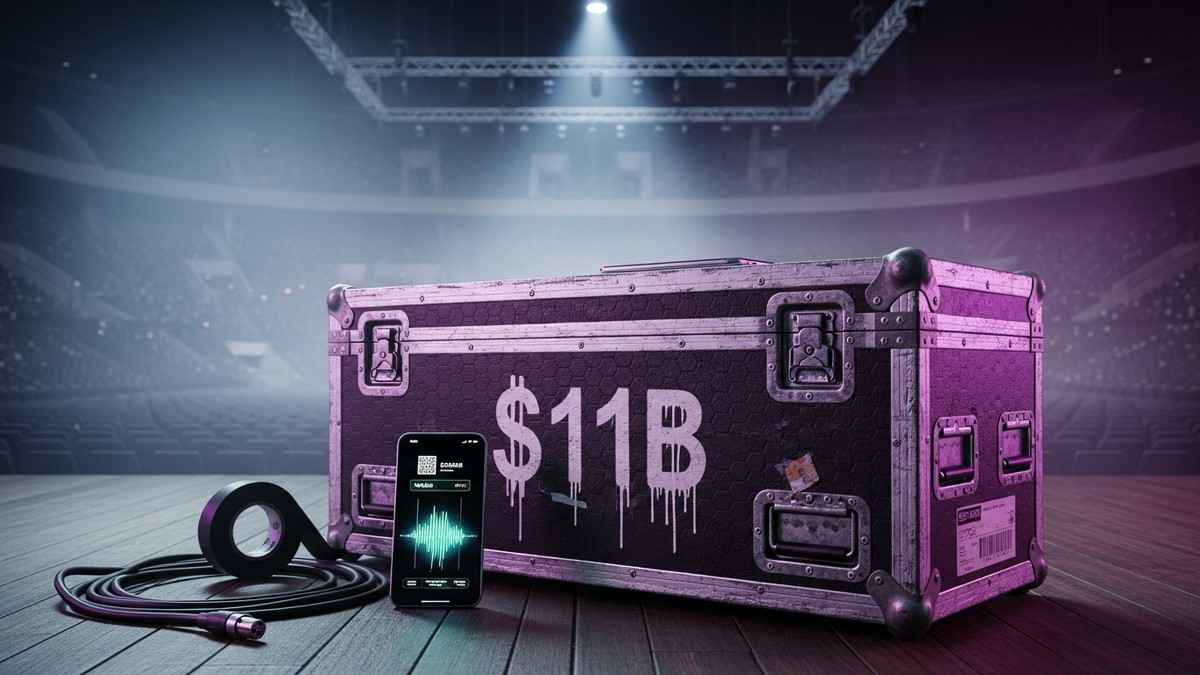 Cinematic close-up of a touring flight case on a stage with '$11B' stenciled on the side, topped with a glowing smartphone displaying a ticket, set against a hazy empty arena background. (16:9)