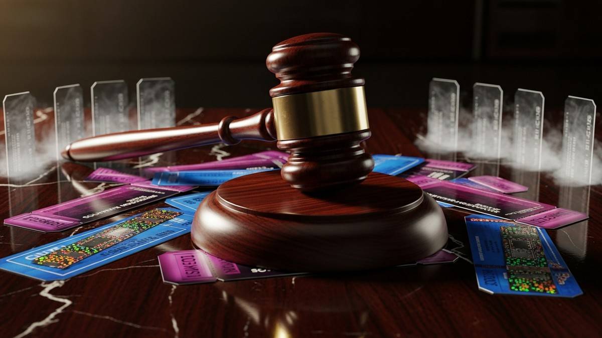 A close-up, low-angle editorial photograph showing a heavy wooden judicial gavel resting on a scattered pile of concert tickets, some of which are fading into translucent ghost-like forms. (16:9)