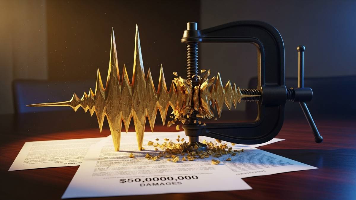 A hyper-realistic close-up of a solid gold audio waveform sculpture being crushed by a matte black industrial vice on a mahogany desk scattered with legal documents. (16:9)