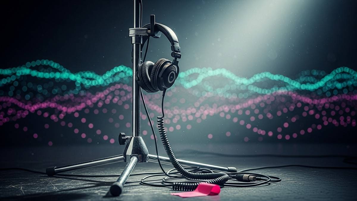 Cinematic close-up of a microphone stand on a dark stage with studio headphones hanging from it, set against a backdrop of infinite digital lights. (16:9)