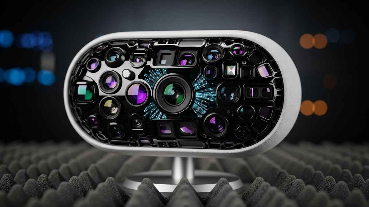 Close-up of a conceptual high-tech microphone where the mesh grille is replaced by a complex array of optical camera lenses and biometric sensors, glowing with faint blue data light. (16:9)