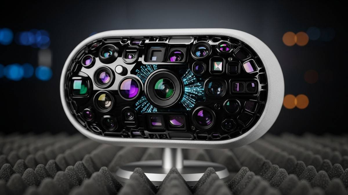 Close-up of a conceptual high-tech microphone where the mesh grille is replaced by a complex array of optical camera lenses and biometric sensors, glowing with faint blue data light. (16:9)