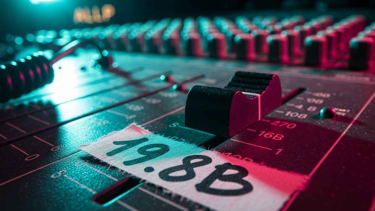 Close-up macro shot of a professional audio mixing console fader with a strip of masking tape labeled '19.8B' in black marker, illuminated by vibrant teal and magenta stage lighting. (16:9)
