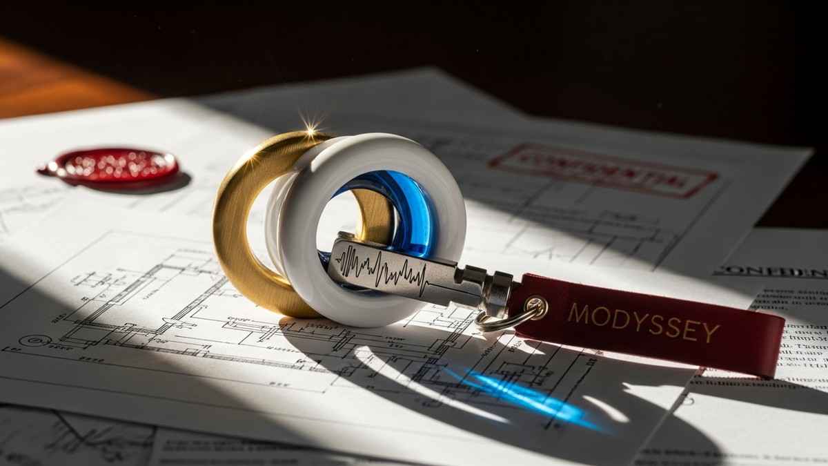 A hyper-realistic close-up of a luxurious, tripartite skeleton key resting on architectural blueprints, symbolizing a strategic business alliance. (16:9)