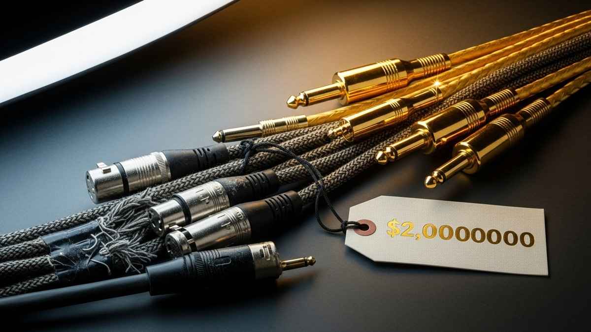 Hyper-realistic close-up of a bundle of audio cables transforming from worn black rubber into solid 24-karat gold, with a price tag reading $2 BILLION attached. (16:9)
