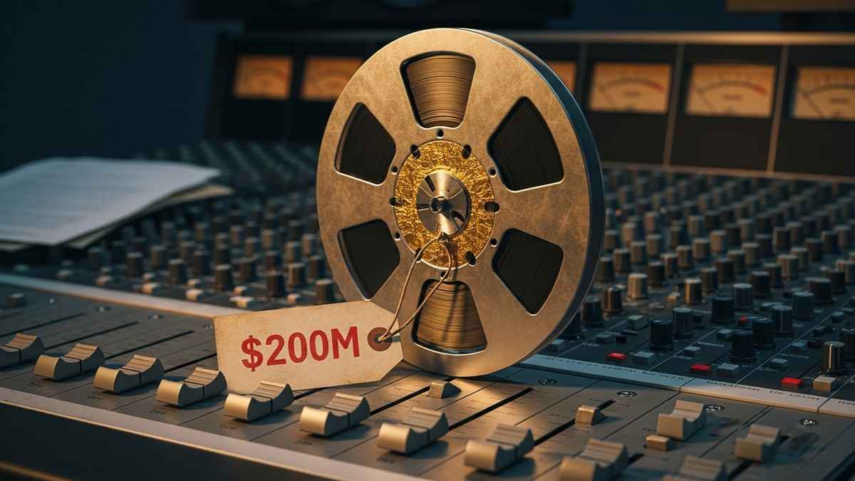 Close-up of a golden audio master tape reel resting on a vintage mixing console, with a tag reading $200M, symbolizing high-value music rights. (16:9)