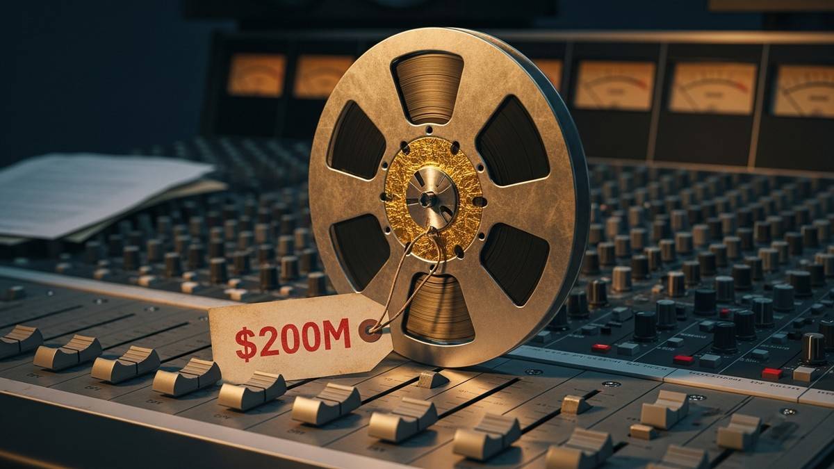 Close-up of a golden audio master tape reel resting on a vintage mixing console, with a tag reading $200M, symbolizing high-value music rights. (16:9)