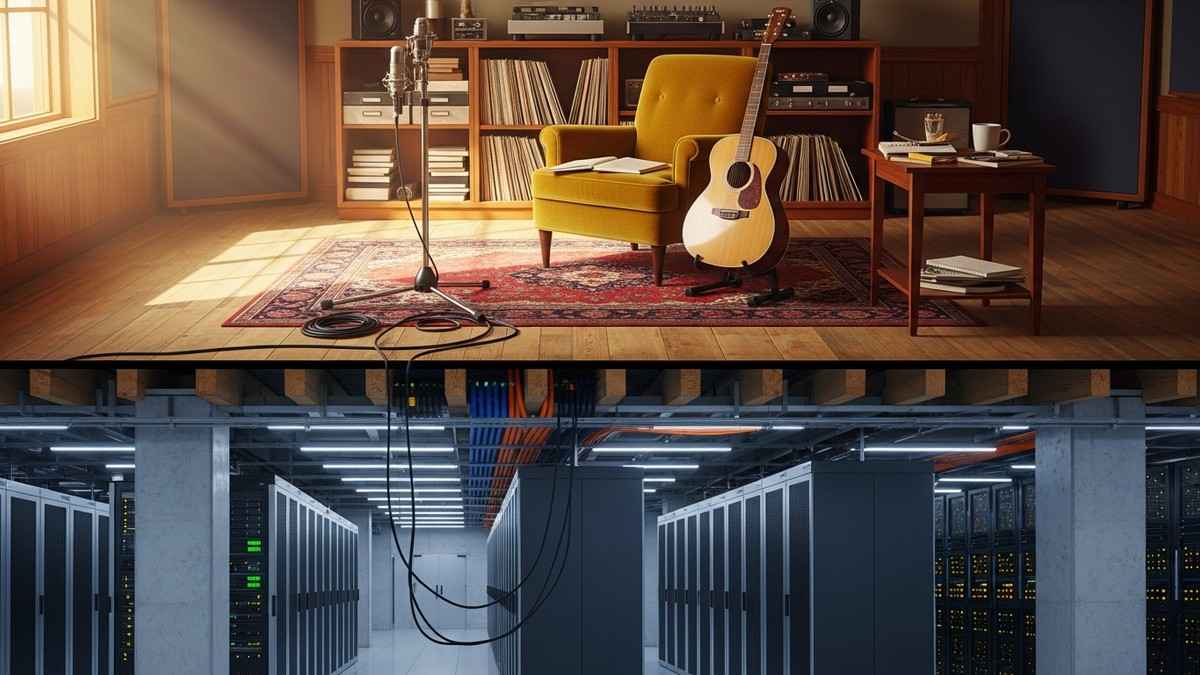 Architectural cross-section showing a vintage music studio room built directly on top of a massive, modern industrial server foundation. (16:9)