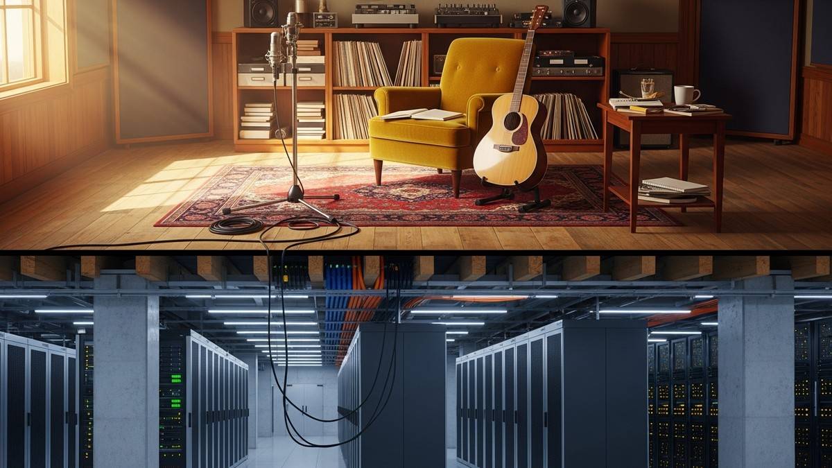 Architectural cross-section showing a vintage music studio room built directly on top of a massive, modern industrial server foundation. (16:9)