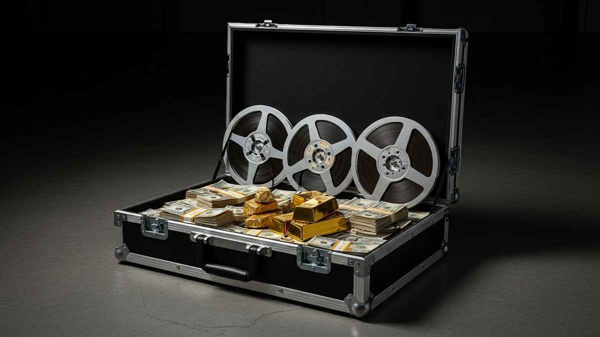 Cinematic still life of an open music touring road case filled with stacks of cash, gold bars, and silver master tape reels, illuminated by intense red and cool blue split lighting. (16:9)