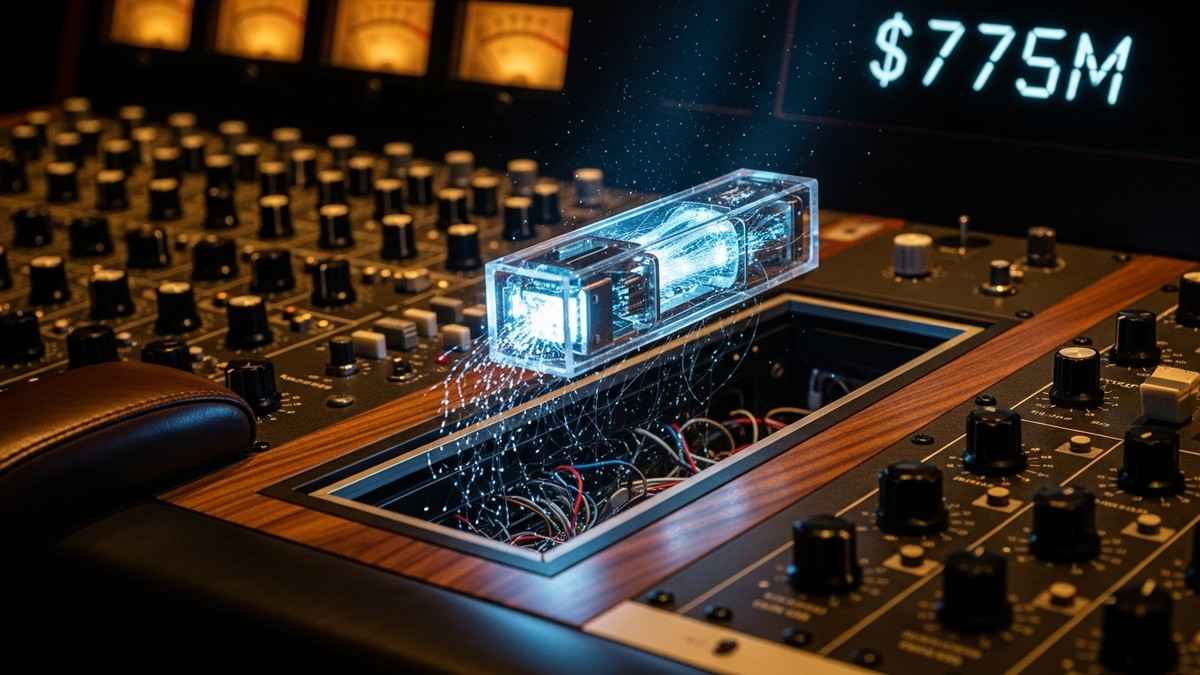 A hyper-realistic editorial image of a vintage analog mixing console with a single futuristic, glowing glass fader module floating upwards, disconnected from the main board. (16:9)