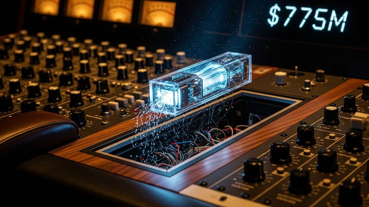 A hyper-realistic editorial image of a vintage analog mixing console with a single futuristic, glowing glass fader module floating upwards, disconnected from the main board. (16:9)