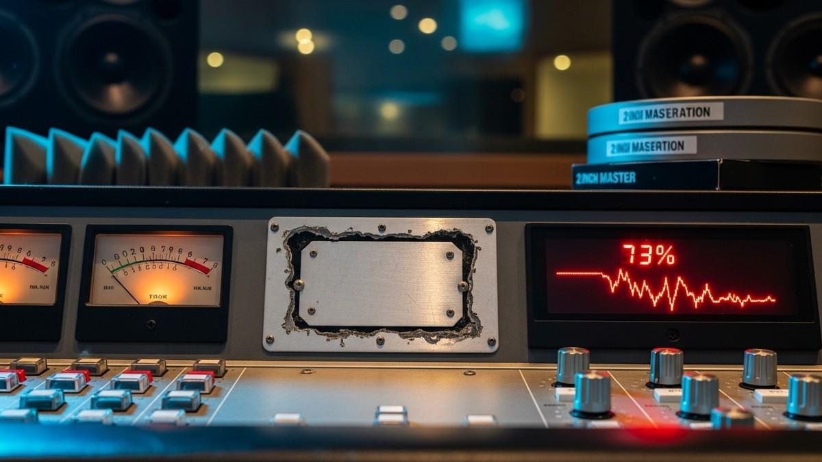A close-up of a recording studio mixing console featuring a missing brand nameplate and a digital meter displaying a red 73 percent drop. (16:9)