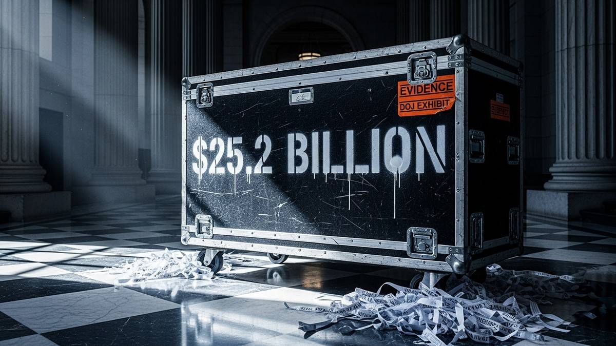 A battered black concert road case stenciled with '$25.2 BILLION' sits alone in a grand, marble-floored federal courthouse hallway, surrounded by scattered shredded paper. (16:9)