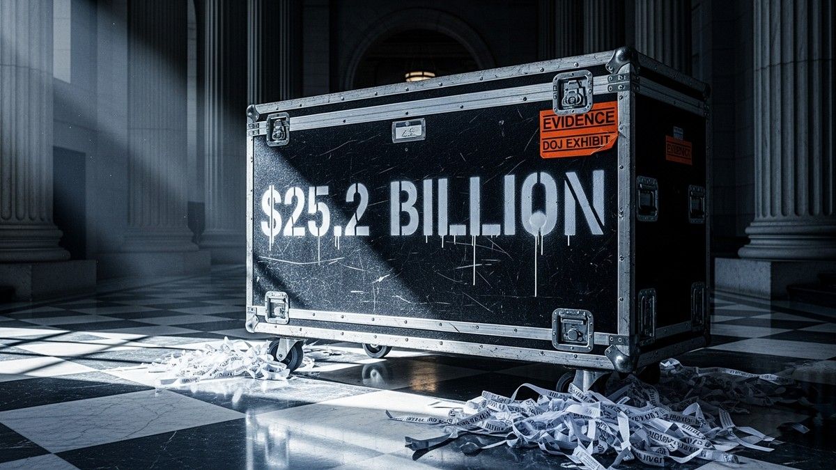 A battered black concert road case stenciled with '$25.2 BILLION' sits alone in a grand, marble-floored federal courthouse hallway, surrounded by scattered shredded paper. (16:9)