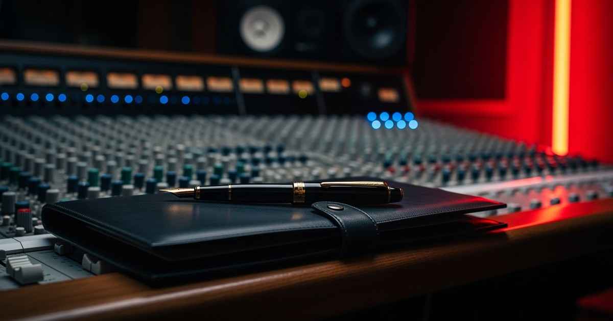 Close-up editorial photograph of a luxury fountain pen resting on a leather portfolio inside a dimly lit recording studio, sy