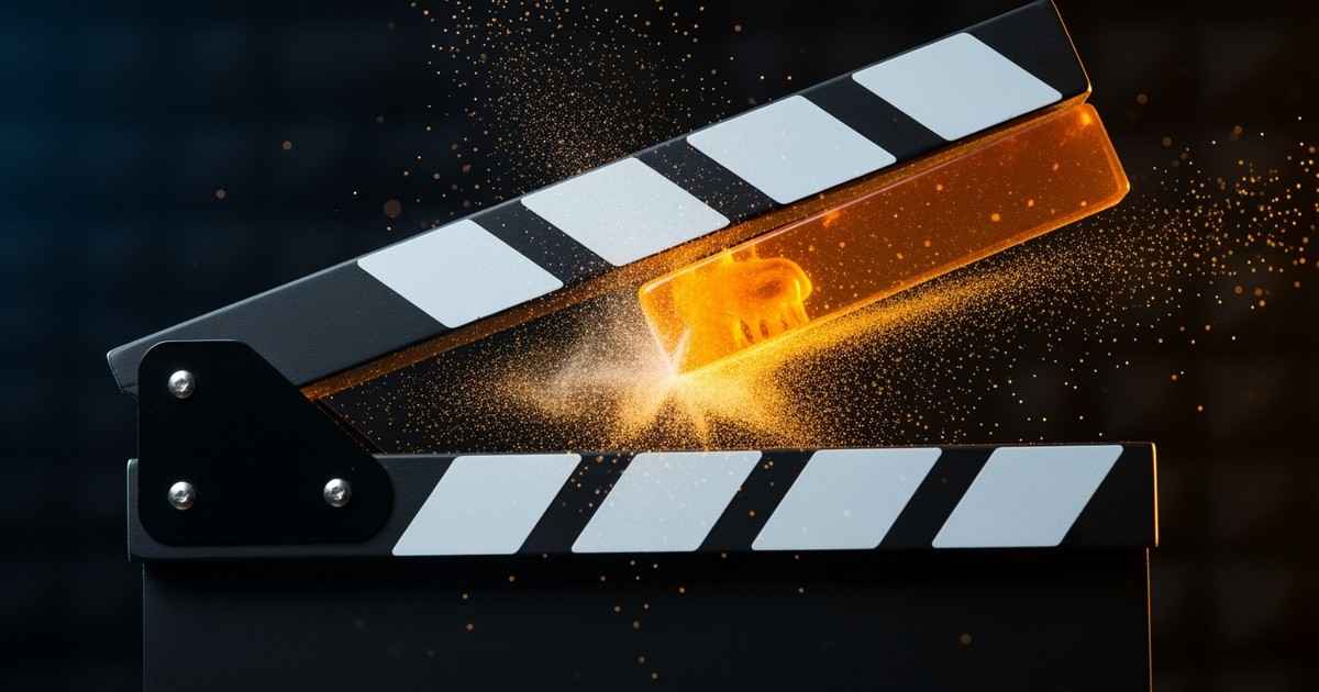 Macro high-speed photography of a modern film clapperboard snapping shut, releasing a shockwave of golden dust and visible so