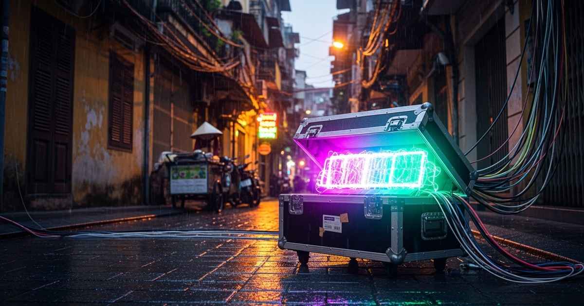 Cinematic editorial photo of a glowing music equipment road case sitting on a wet, rain-soaked street in Hanoi at night, with