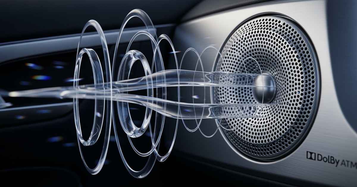 Close-up macro photography of a high-end brushed metal speaker grille in a luxury vehicle interior, with abstract, translucen