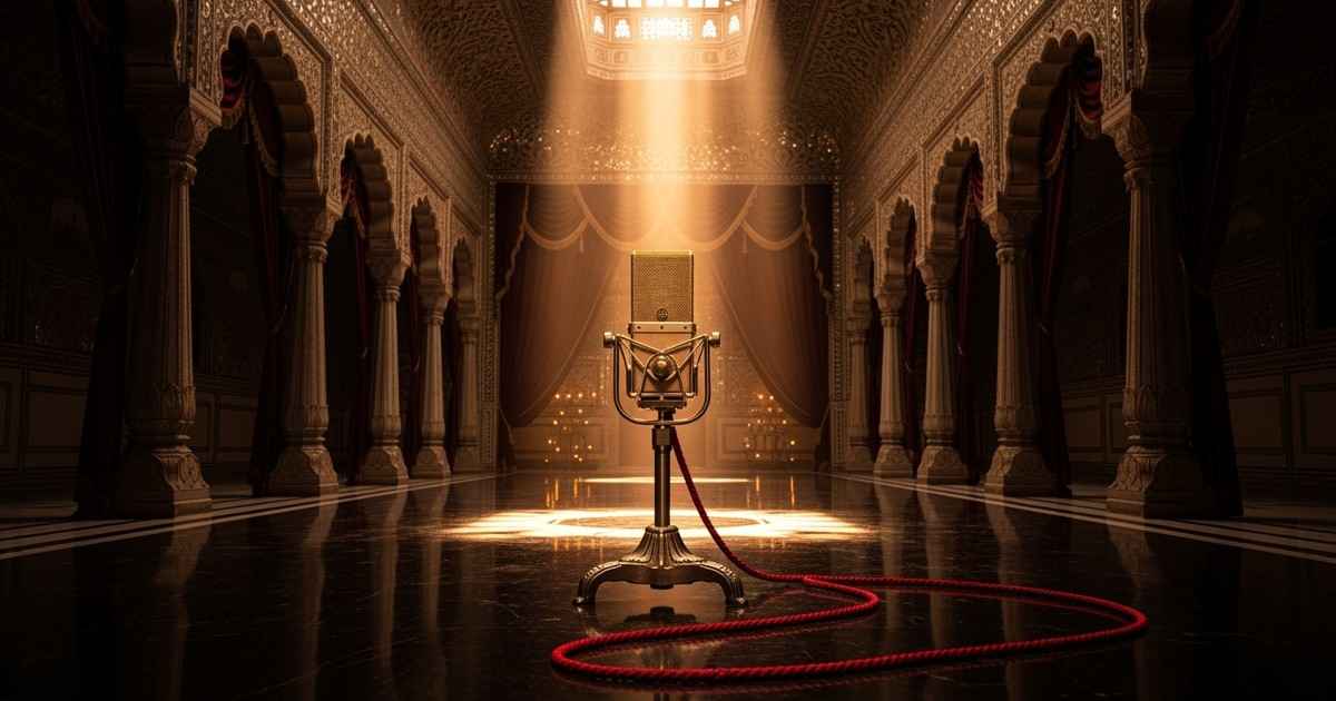 A cinematic editorial image showing a vintage gold microphone standing in the center of a grand, opulent Indian palace hall, 