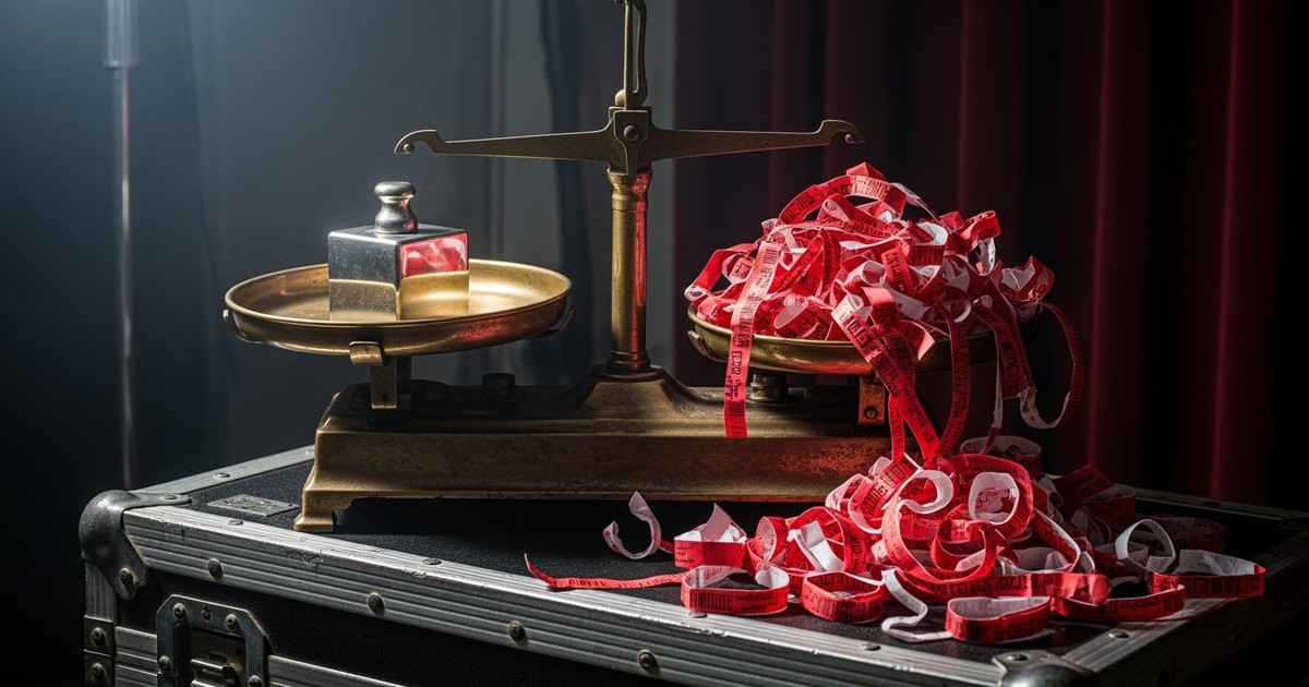 Cinematic close-up of an antique brass balance scale resting on a black music touring road case. The scale is tipped heavily 