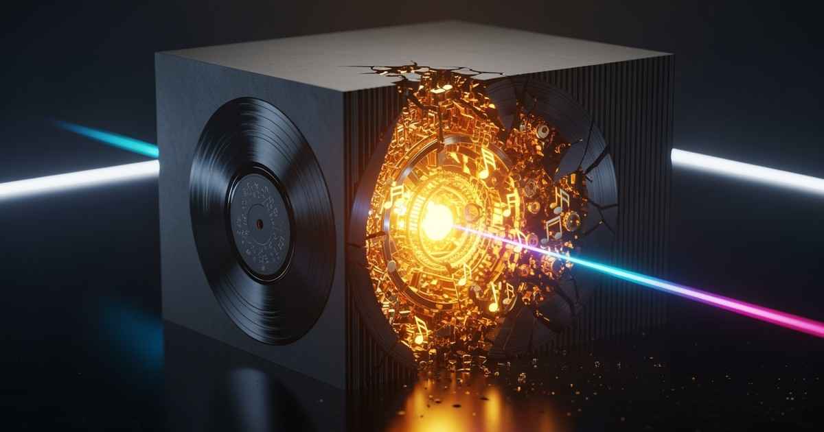 A close-up, cinematic concept art image of a matte black cube made of compressed vinyl records being sliced open by a beam of