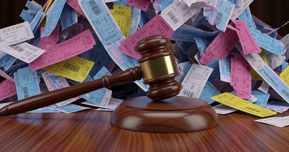 Close-up of a wooden judge's gavel on a desk, buried under a massive, chaotic avalanche of colorful concert ticket stubs.