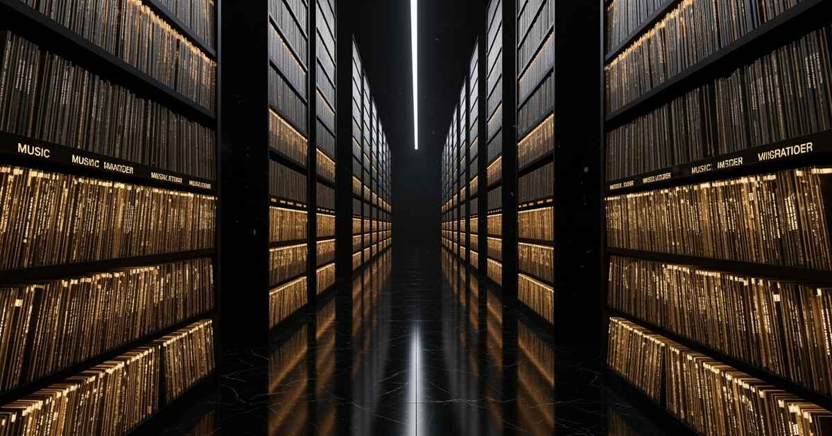 A colossal, infinite archive of glowing vinyl records going dark. The lights on the data shelves are extinguishing into a dee
