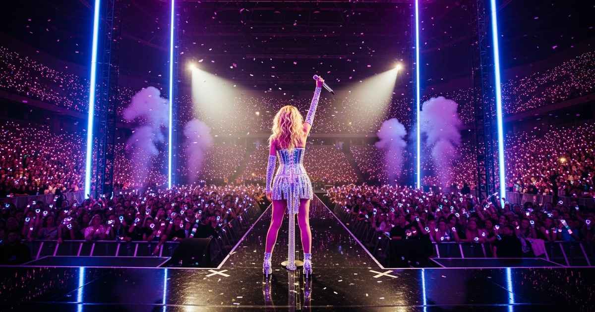 High-angle editorial concert photo from behind a female pop star on stage at The O2 Arena, facing a massive, glowing ocean of