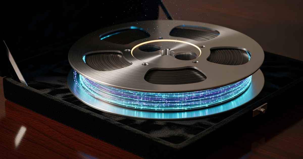 Cinematic macro shot of a vintage aluminum audio reel resting on black velvet, wound with glowing fiber-optic strands of blue