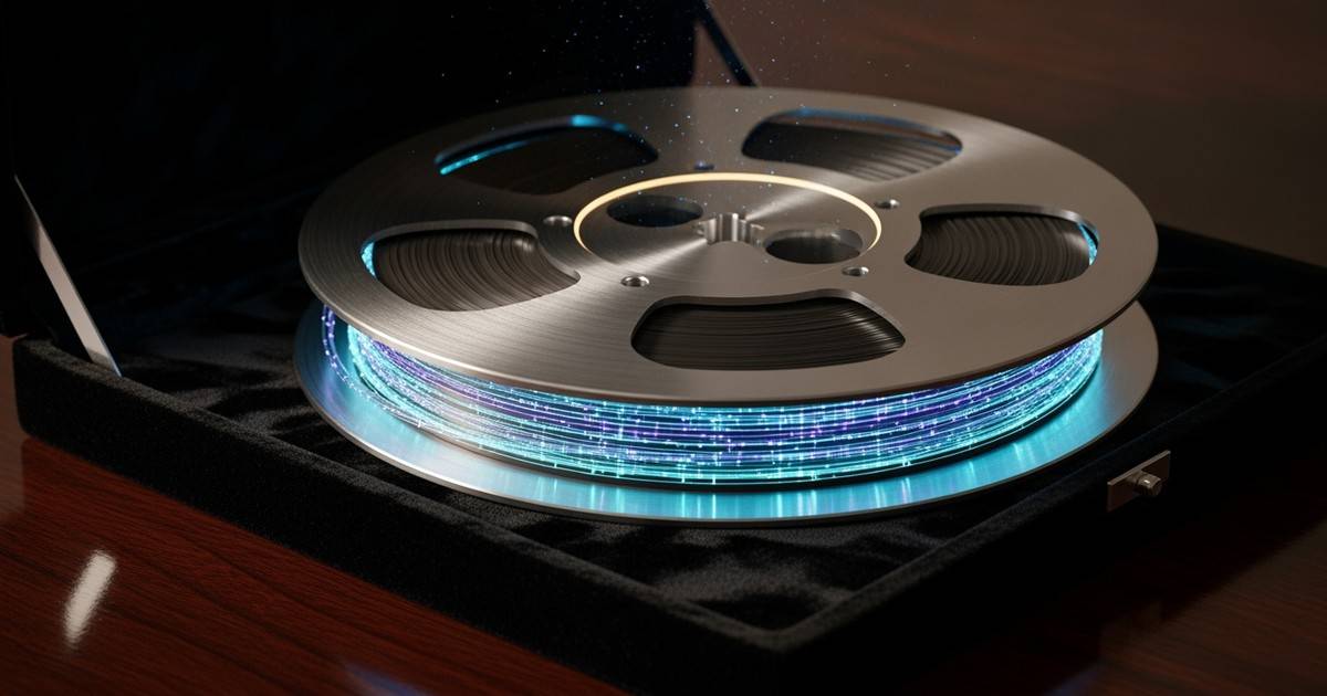 Cinematic macro shot of a vintage aluminum audio reel resting on black velvet, wound with glowing fiber-optic strands of blue