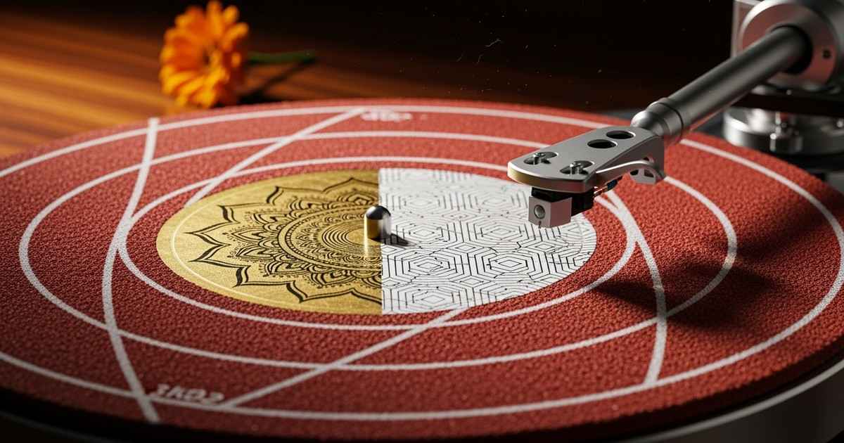 A hyper-realistic macro shot of a conceptual turntable where the vinyl record is replaced by a textured red running track, be