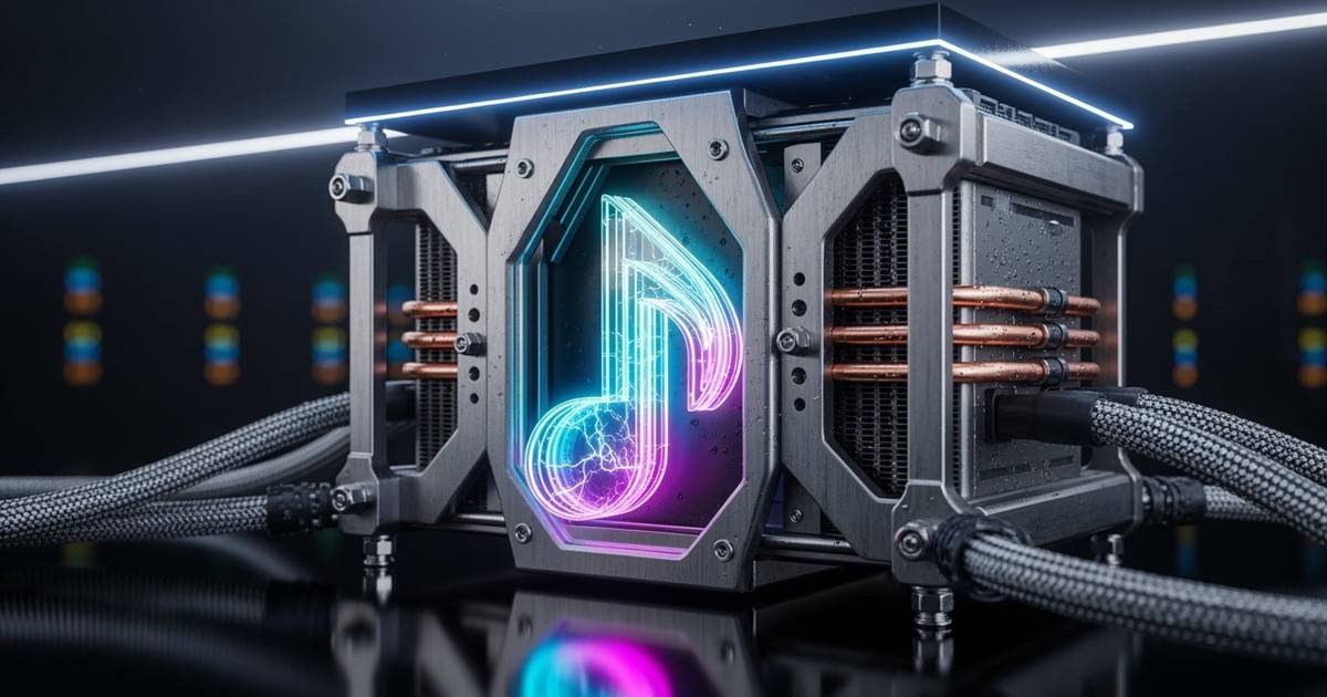 A cinematic close-up of a glowing cyan and magenta musical note logo encased within a heavy-duty, industrial steel and copper