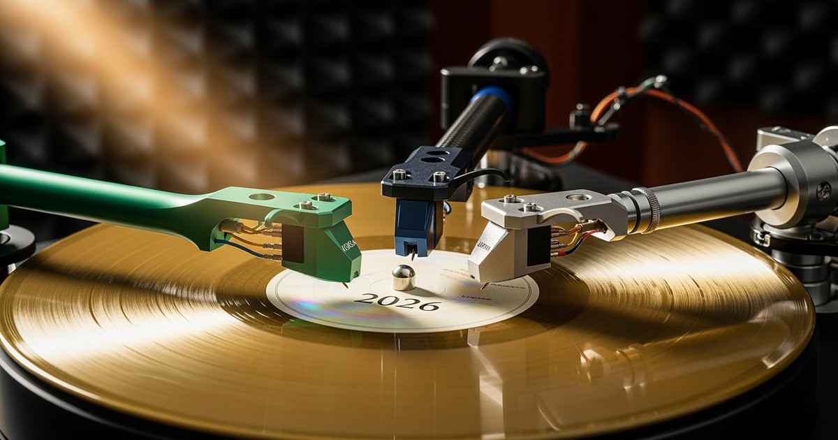 Conceptual editorial photography of a single gold vinyl record spinning on a turntable, being played simultaneously by three 