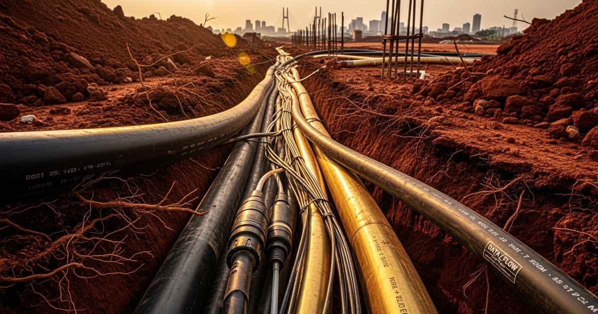 Cinematic low-angle photography of heavy industrial audio cables and gold conduits being buried in red clay earth, with a haz