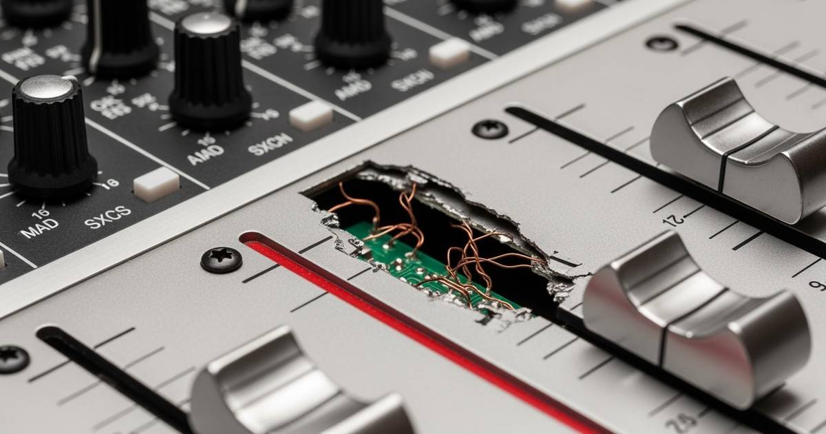 Macro photograph of a professional audio mixing console with one fader violently ripped out, revealing exposed wires, while a