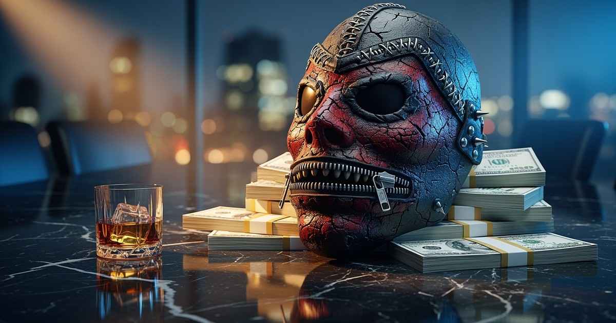 A hyper-realistic close-up of a weathered, industrial heavy metal mask resting heavily on stacks of one hundred dollar bills 